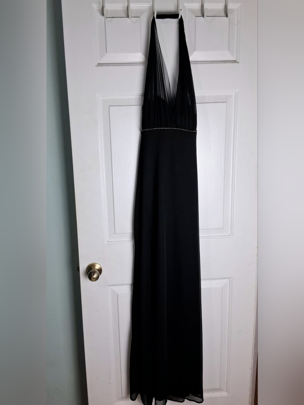 Betsy & Adam Size 16 Black Halter Maxi Dress with Rhinestone Beaded Empire Trim